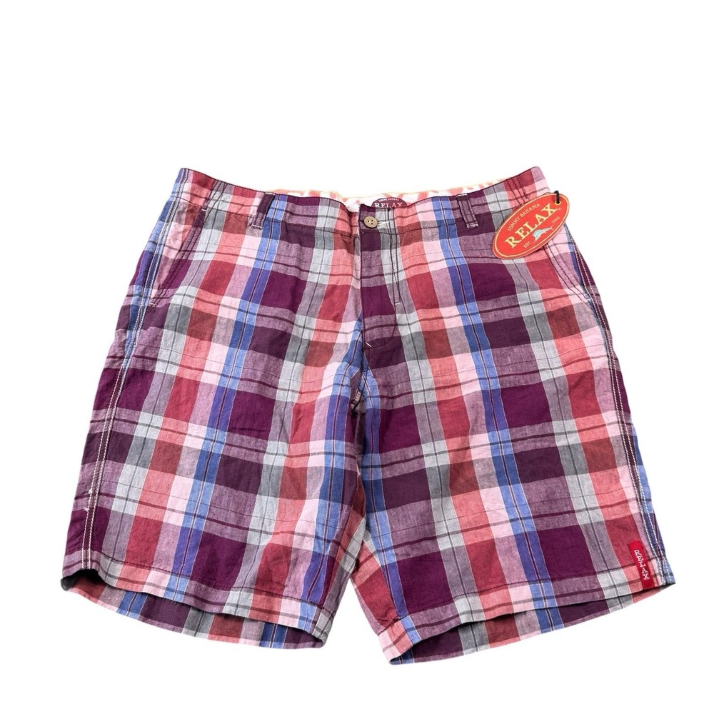 Tommy Bahama Red Blue Checked Pure Linen Men's Chino Short Size 35 NWT